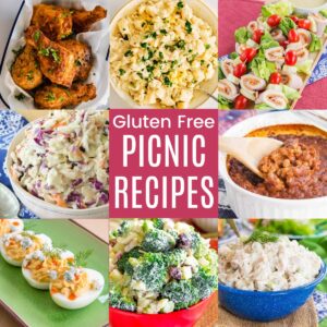 collage of chef salad on a stick, air fryer fried chicken, tzatziki chicken salad, potato salad, broccoli salad and more with a pink box in the middle with text that says "Gluten Free Picnic Recipes".