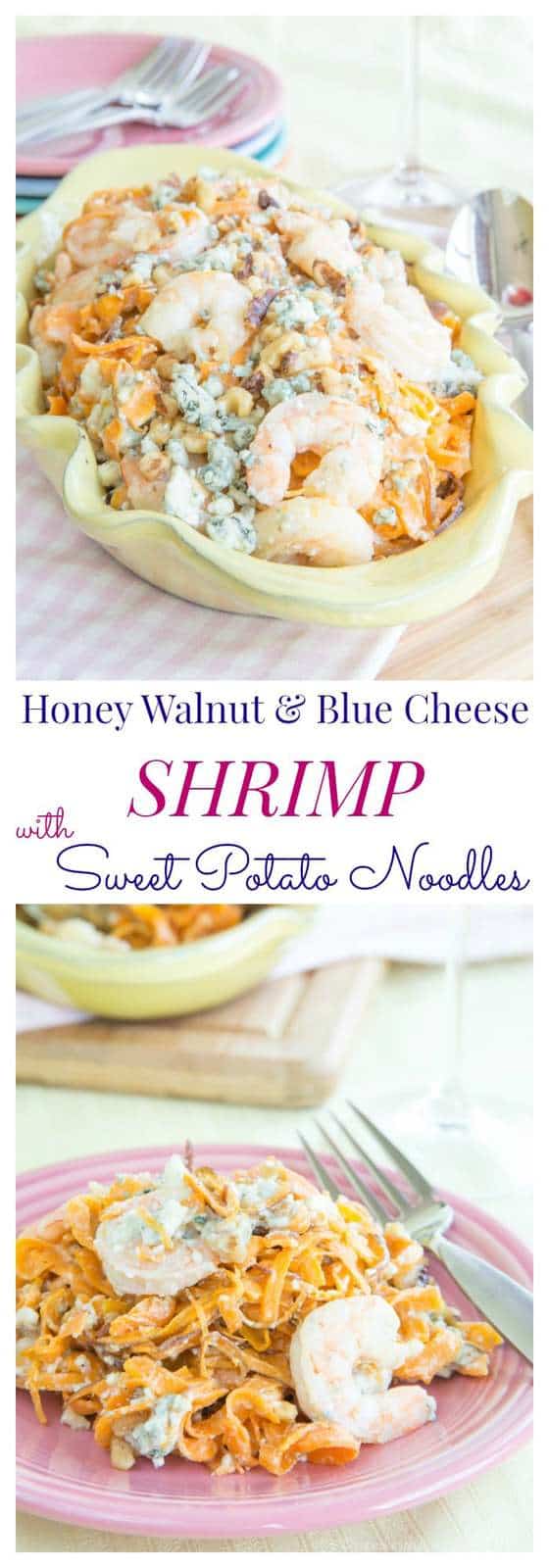 Honey Walnut and Blue Cheese Shrimp with Sweet Potato Noodles - a sophisticated but easy seafood recipe with tons of flavor! Super creamy with a bit of crunch! | cupcakesandkalechips.com | gluten free, grain free