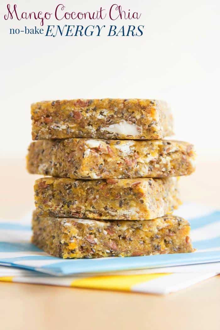 Mango Coconut Chia No-Bake Energy Bars - only six ingredients and a few minutes for a quick and easy healthy snack that transports you to a tropical island! | cupcakesandkalechips.com | gluten free, dairy free, nut free, vegan 