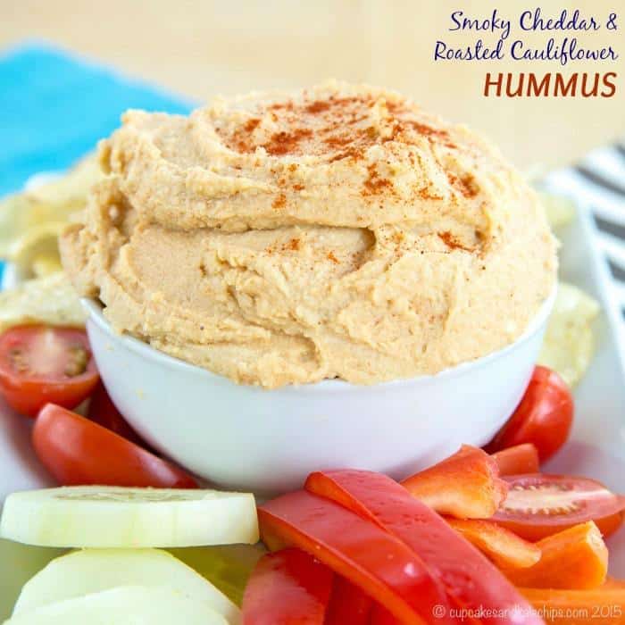 Smoky Cheddar Roasted Cauliflower Hummus Cupcakes & Kale Chips