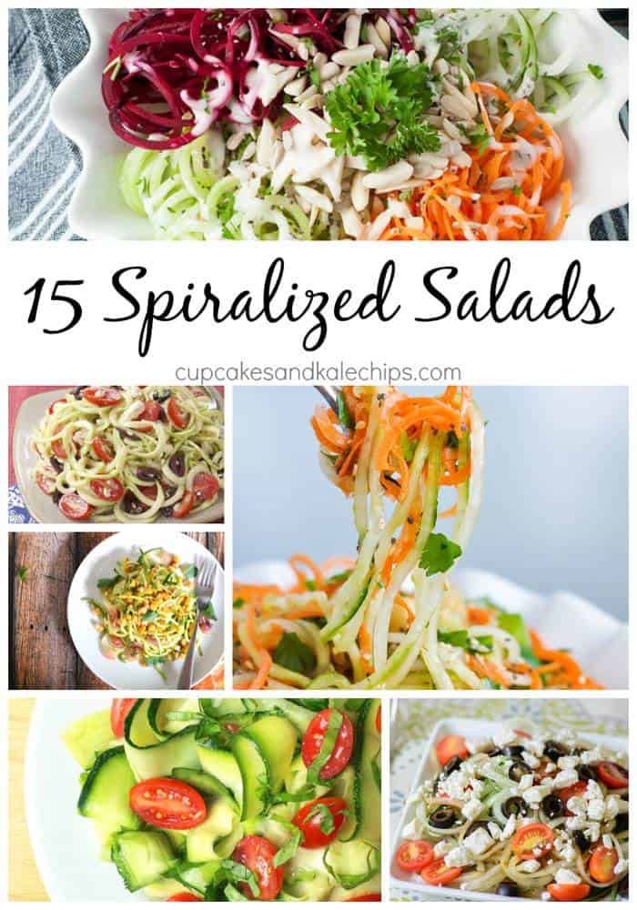 15 Spiralized Salad Recipes made from the best produce from your garden, CSA, or farmers market. Break out your spiralizer and start making zoodles, squoodles, cucumber noodles and more. | cupcakesandkalechips.com | gluten free recipes