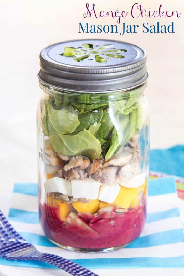 Mango Chicken Mason Jar Salad with Lemon Blueberry Chia Seed Vinaigrette - a simple and healthy make-ahead lunch for summer. | cupcakesandkalechips.com | gluten free recipe