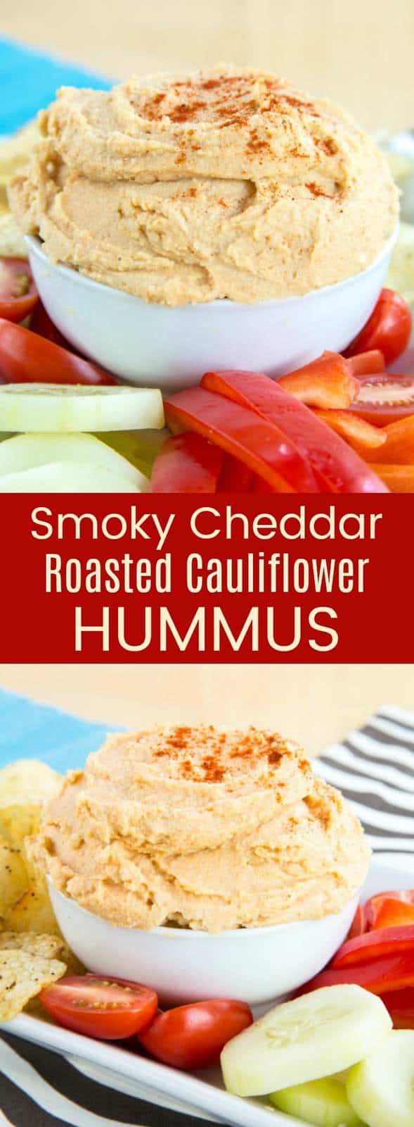 Smoky Cheddar Roasted Cauliflower Hummus recipe is a smooth and creamy healthy dip with hidden veggies, plus the cheesy flavor kids love. Serve with vegetables, chips, or pita for an appetizer or snack that's gluten free and vegetarian recipe. #hummus #glutenfree #cauliflower