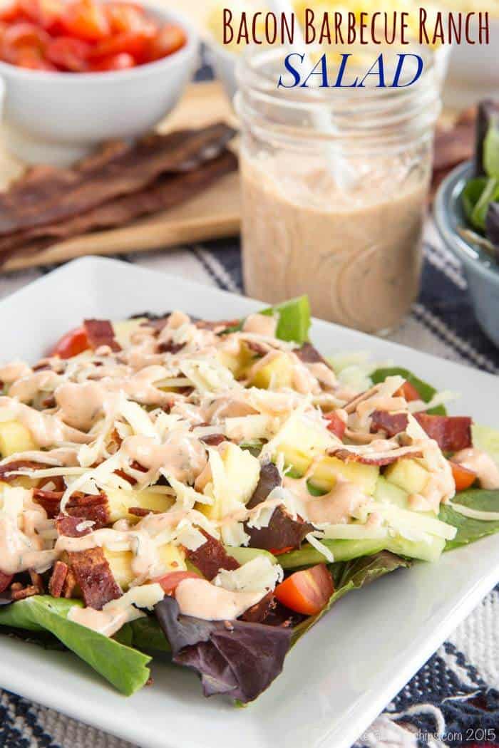 Bacon Barbecue Ranch Salad topped with Homemade Greek Yogurt Barbecue Ranch Salad Dressing - a simple side salad perfect for a California Pizza Kitchen Gluten-Free Crispy Thin Crust pizza night or with grilled chicken. #mycpkpizza #AD | cupcakesandkalechips.com | gluten free recipe