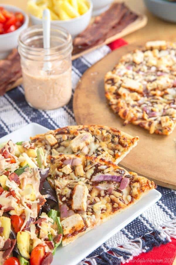 Bacon Barbecue Ranch Salad topped with Homemade Greek Yogurt Barbecue Ranch Salad Dressing - a simple side salad perfect for a California Pizza Kitchen Gluten-Free Crispy Thin Crust pizza night or with grilled chicken. #mycpkpizza #AD | cupcakesandkalechips.com | gluten free recipe