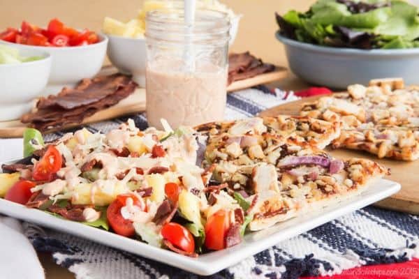 Bacon Barbecue Ranch Salad topped with Homemade Greek Yogurt Barbecue Ranch Salad Dressing - a simple side salad perfect for a California Pizza Kitchen Gluten-Free Crispy Thin Crust pizza night or with grilled chicken. #mycpkpizza #AD | cupcakesandkalechips.com | gluten free recipe