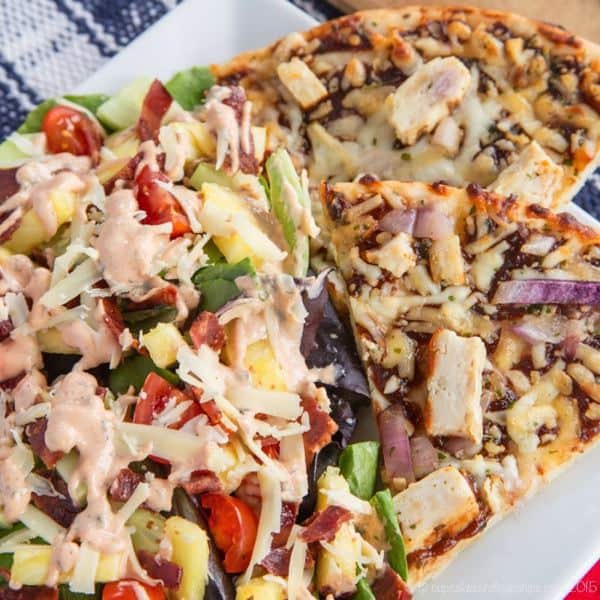 Bacon Barbecue Ranch Salad topped with Homemade Greek Yogurt Barbecue Ranch Salad Dressing - a simple side salad perfect for a California Pizza Kitchen Gluten-Free Crispy Thin Crust pizza night or with grilled chicken. #mycpkpizza #AD | cupcakesandkalechips.com | gluten free recipe