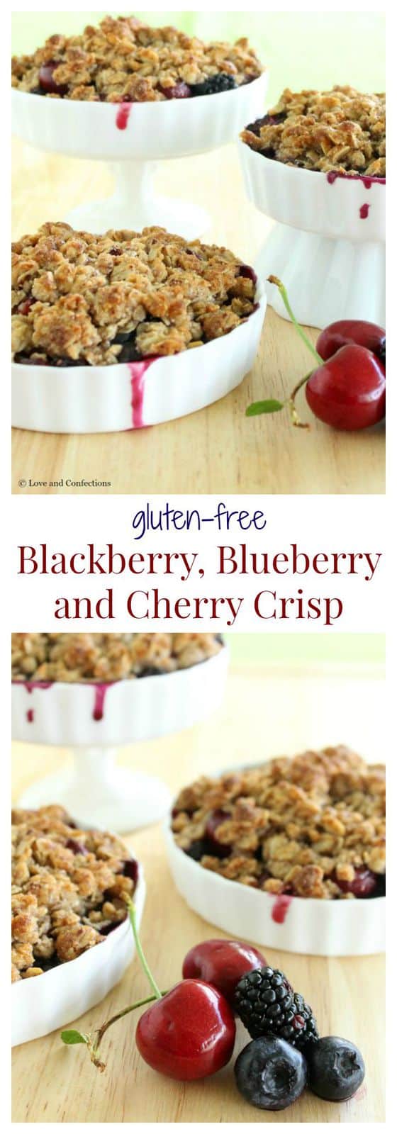Gluten Free Blackberry, Blueberry and Cherry Crisp - Farmer’s market fresh fruits combine with a crunchy almond and oat crumb topping to make an easy Summer dessert | loveandconfections.com for cupcakesandkalechips.com