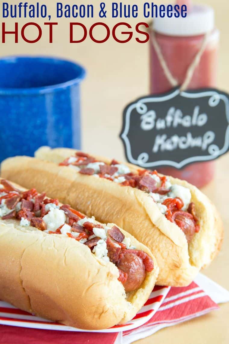 Buffalo Bacon and Blue Cheese Hot Dogs Recipe Image with title