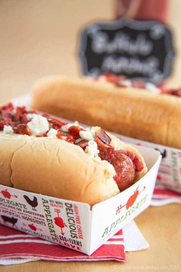 Buffalo Hot Dogs with Bacon and Blue Cheese in an Applegate paper holder