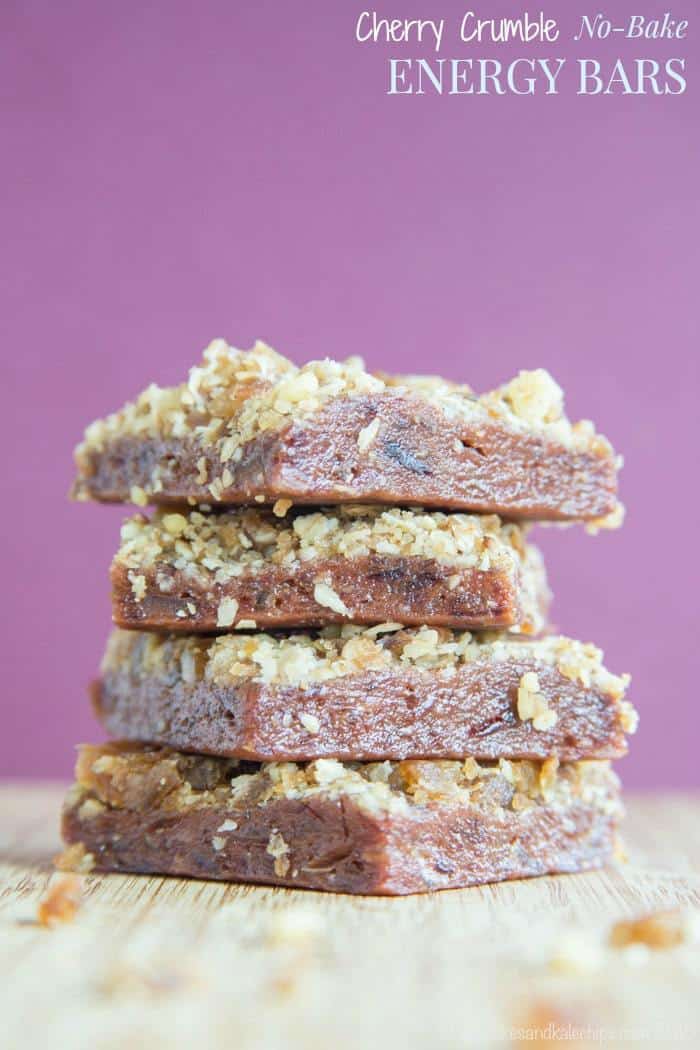 Cherry Crumble No Bake Energy Bars - a healthy snack bar with a sweet cherry layer and a streusel crumb topping. | cupcalesandkalechips.com | gluten free, vegan recipe