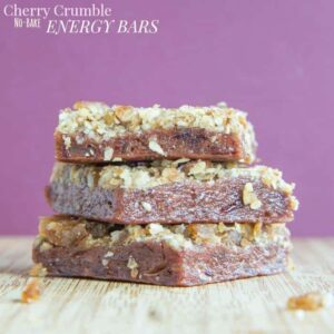 Cherry Crumble No-Bake Energy Bars are a healthy no-bake snack with a sweet cherry layer and crumbly streusel topping. This recipe is gluten free and vegan.