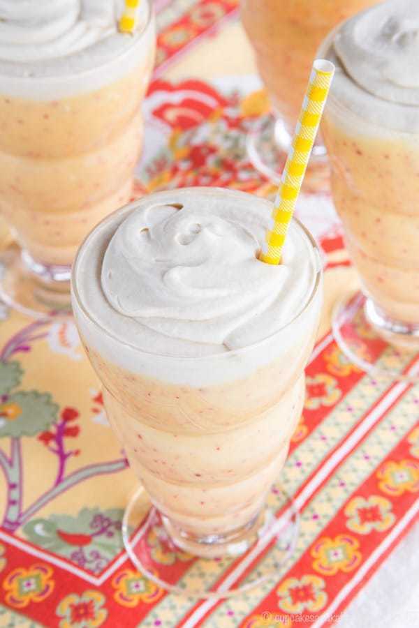 Dairy-Free Peach Mango Lassis with Whipped Coconut Cream - add some fresh peaches to the traditional Indian drink for a cool, creamy, and healthy snack or dessert! | cupcakesandkalechips.com | gluten free, paleo, vegan recipe