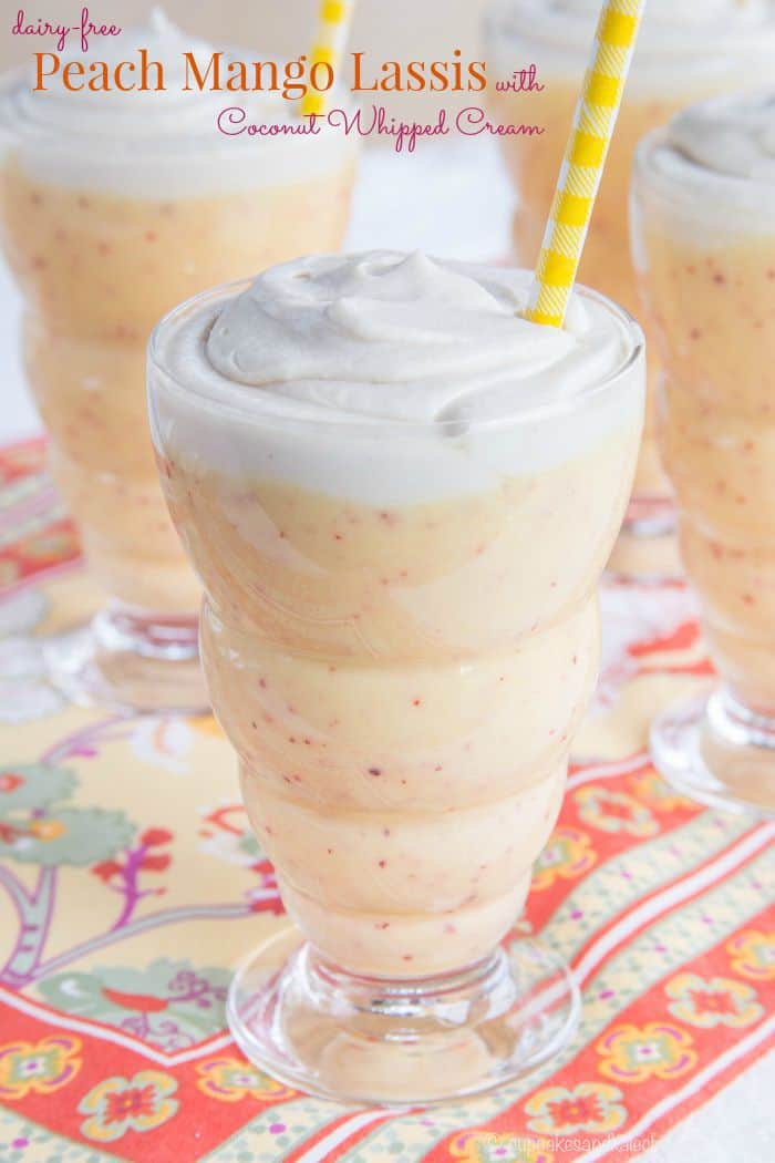 Dairy-Free Peach Mango Lassis with Whipped Coconut Cream - add some fresh peaches to the traditional Indian drink for a cool, creamy, and healthy snack or dessert! | cupcakesandkalechips.com | gluten free, paleo, vegan recipe