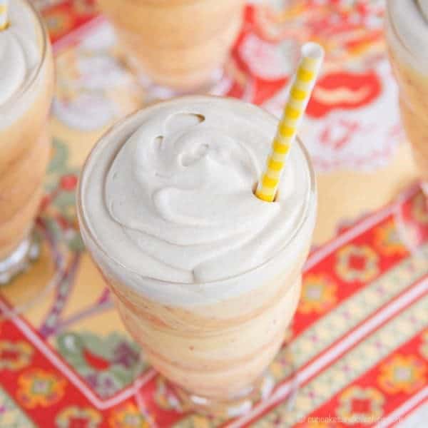 Dairy-Free Peach Mango Lassis with Whipped Coconut Cream - add some fresh peaches to the traditional Indian drink for a cool, creamy, and healthy snack or dessert! | cupcakesandkalechips.com | gluten free, paleo, vegan recipe