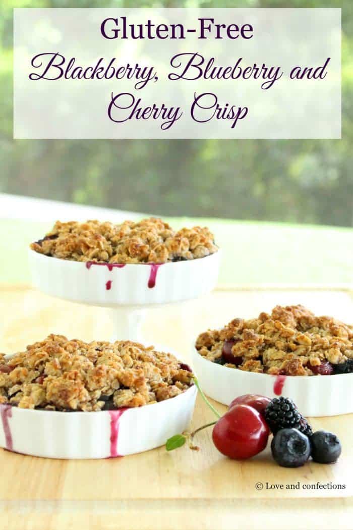 Gluten Free Blackberry, Blueberry and Cherry Crisp - Farmer’s market fresh fruits combine with a crunchy almond and oat crumb topping to make an easy Summer dessert | loveandconfections.com for cupcakesandkalechips.com