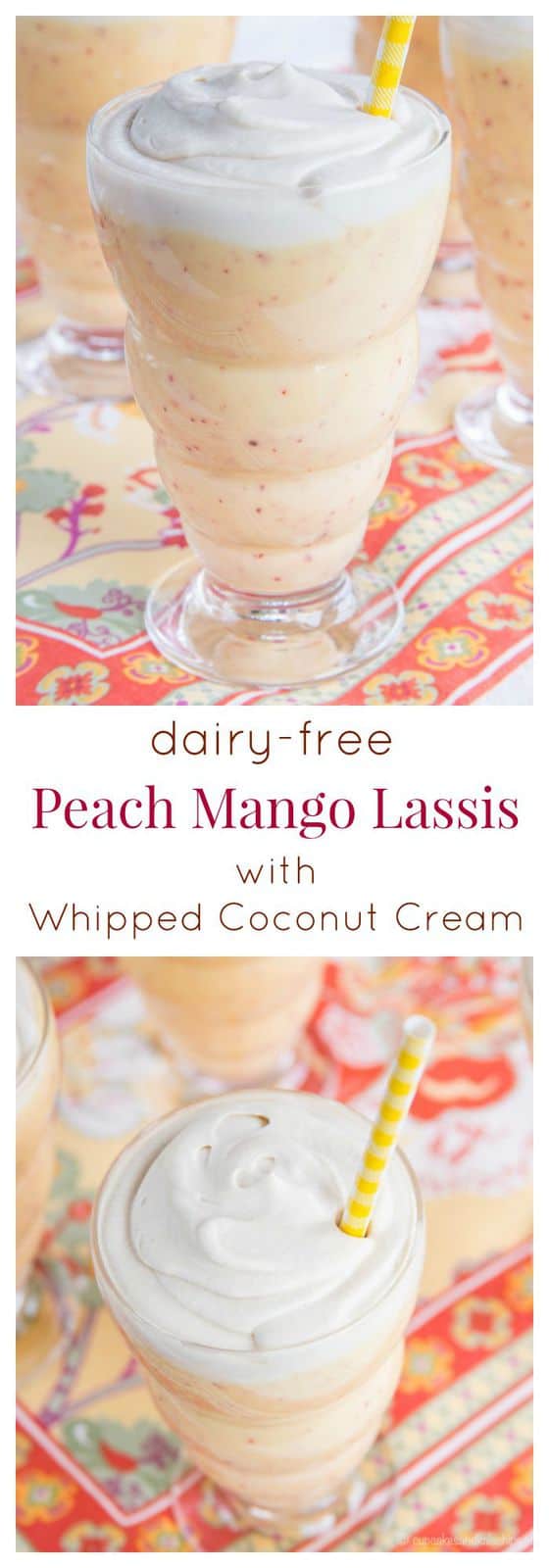 Dairy-Free Peach Mango Lassis with Whipped Coconut Cream - add some fresh peaches to the traditional Indian drink for a cool, creamy, and healthy snack or dessert! | cupcakesandkalechips.com | gluten free, paleo, vegan recipe