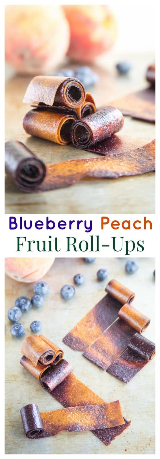 Blueberry Peach Fruit Roll-Ups swirl together two favorite summer fruits into one sweet and healthy snack perfect to pack in a lunchbox. | cupcakesandkalechips.com | gluten free, vegan, paleo recipe