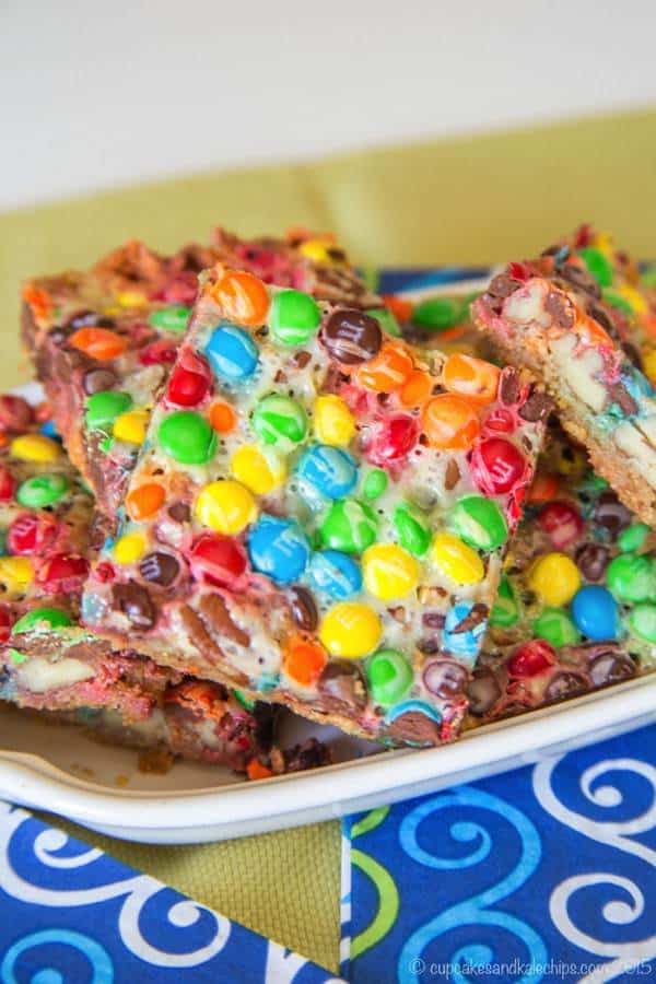 m&m's magic bars stacked on a dish