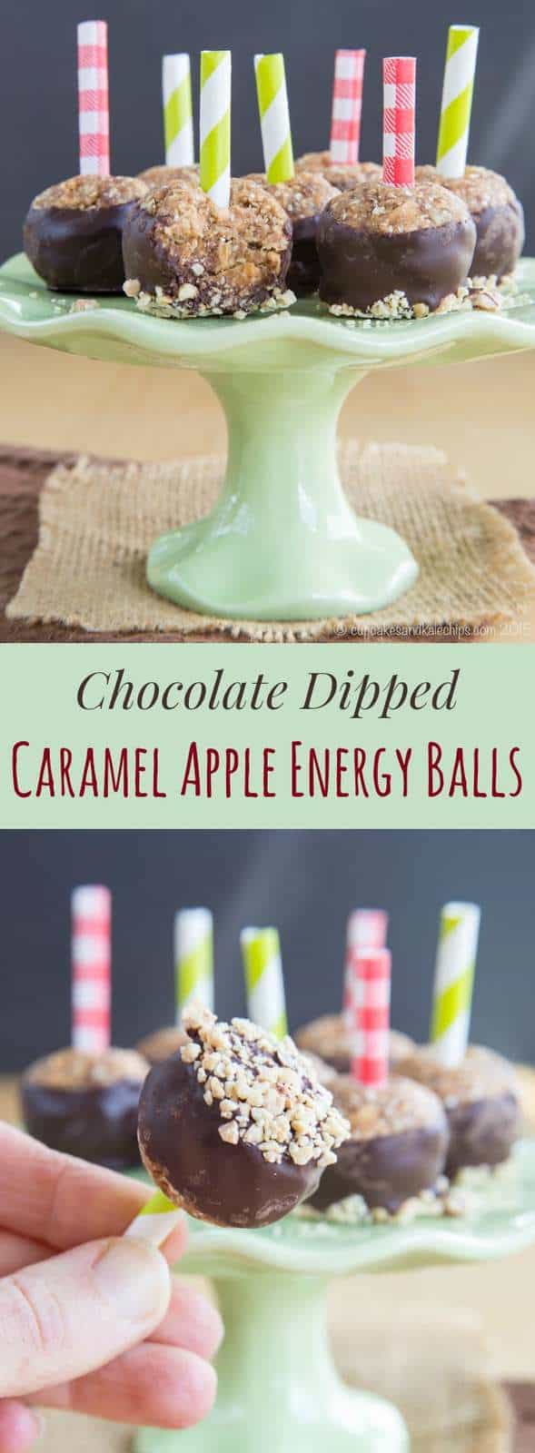 Chocolate Dipped Caramel Apple Energy Balls - a favorite fall sweet treat transformed into a healthy little energy bite! | cupcakesandkalechips.com | gluten free, vegan, nut free, and peanut free options