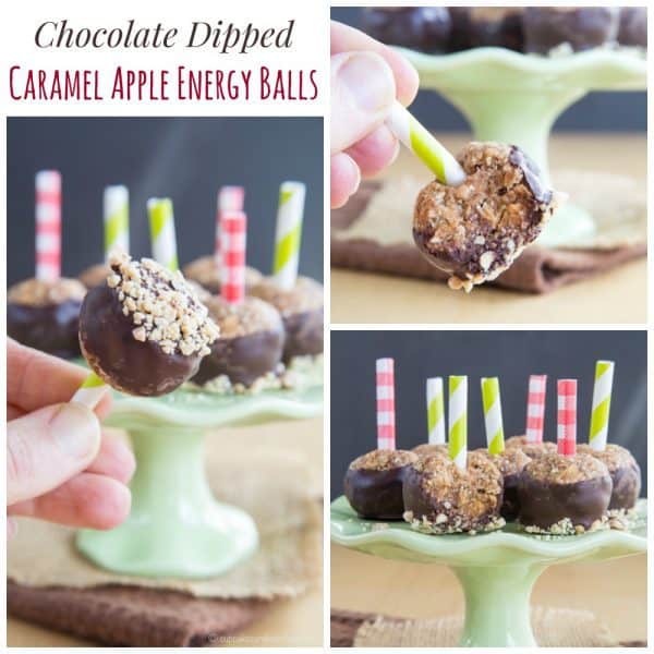 Chocolate Dipped Caramel Apple Energy Balls - a favorite fall sweet treat transformed into a healthy little energy bite! | cupcakesandkalechips.com | gluten free, vegan, nut free, and peanut free options