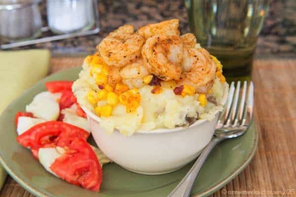 Home-Style Shrimp Bowls - quick and easy comfort food! Slightly spicy shrimp, crisp corn, and creamy mashed potatoes are a quick and easy dinner for busy evenings! You'll love this recipe from the Express Lane Cooking cookbook by Shawn Syphus of iwashyoudry.com | cupcakesandkalechips.com | gluten free