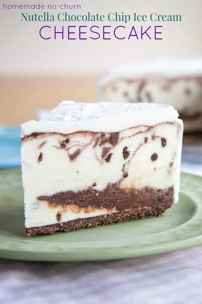 Nutella Chocolate Chip Cheesecake No-Churn Ice Cream Cake - simple but worthy of a special occasion! Combine cheesecake and ice cream cake, add swirls of Nutella chocolate ganache, and layer it on a gluten free chocolate hazelnut crust. | cupcakesandkalechips.com