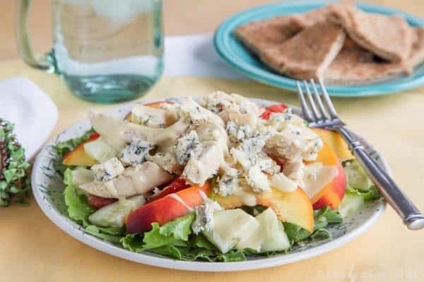 Peach, Tomato, Chicken and Blue Cheese Salad is a satisfying and fresh salad featuring the best late summer produce. | cupcakesandkalechips.com | gluten free recipe