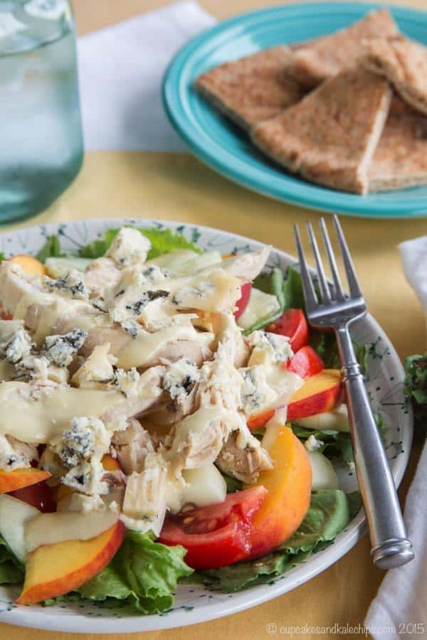 chicken salad with peaches, tomatoes, and blue cheese