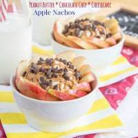 Peanut butter chocolate chip cheesecake dip, an easy gluten-free dessert dip recipe, combined with fresh apple slices creates the perfect after-school snack, apple nachos! 