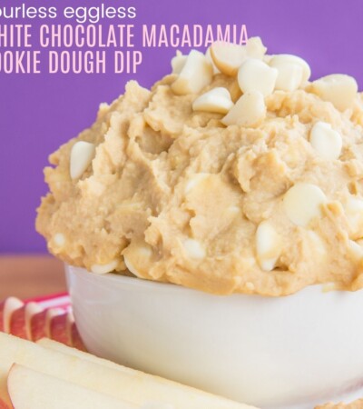 Flourless White Chocolate Macadamia Nut Cookie Dough Dip in a bowl