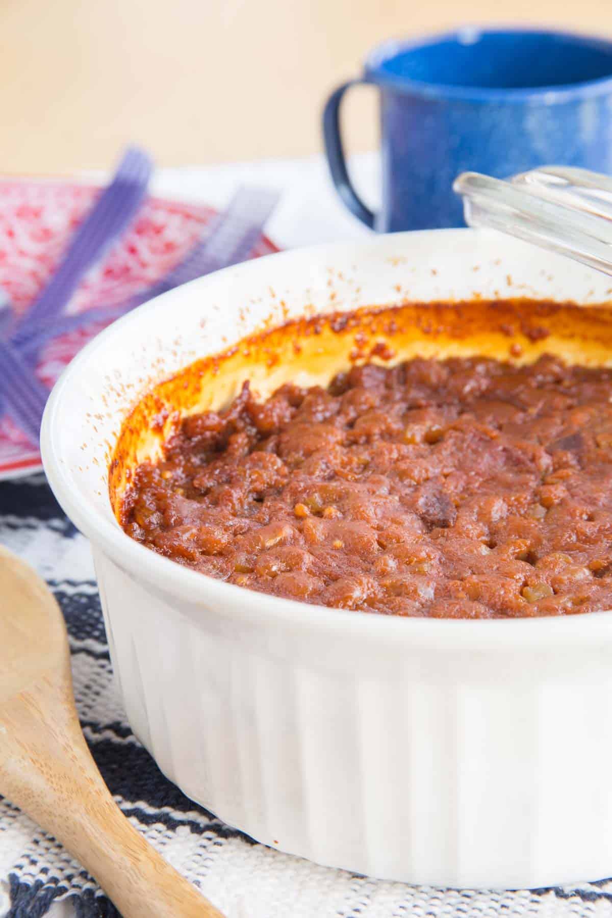 white dish of Gluten Free Baked Beans