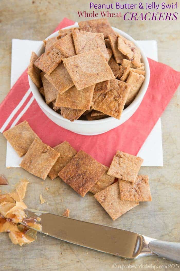 Peanut Butter and Jelly Swirl Whole Wheat Crackers - combine two kid favorites into one tasty and wholesome snack recipe. #spon | cupcakesandkalechips.com