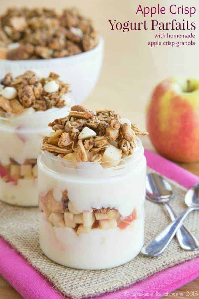 Apple Crisp Yogurt Parfaits with Homemade Apple Crisp Granola - a wholesome breakfast, snack, or dessert recipe inspired by a favorite fall sweet treat. Sponsored by General Mills® #AD #SnackandSmile | cupcakesandkalechips.com | gluten free