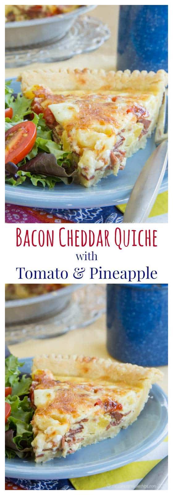Bacon Cheddar Quiche with Tomato and Pineapple - a salty sweet breakfast or brunch recipe. My family loved this as breakfast for dinner! Use your favorite pie crust recipe, or my new favorite gluten free recipe. | cupcakesandkalechips.com