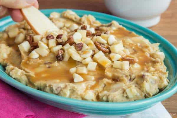 Flourless Caramel Apple Pecan Cookie Dough Dip for dipping apples, graham crackers, or cookies