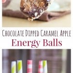 Caramel apple energy balls with trimmed straws in them.