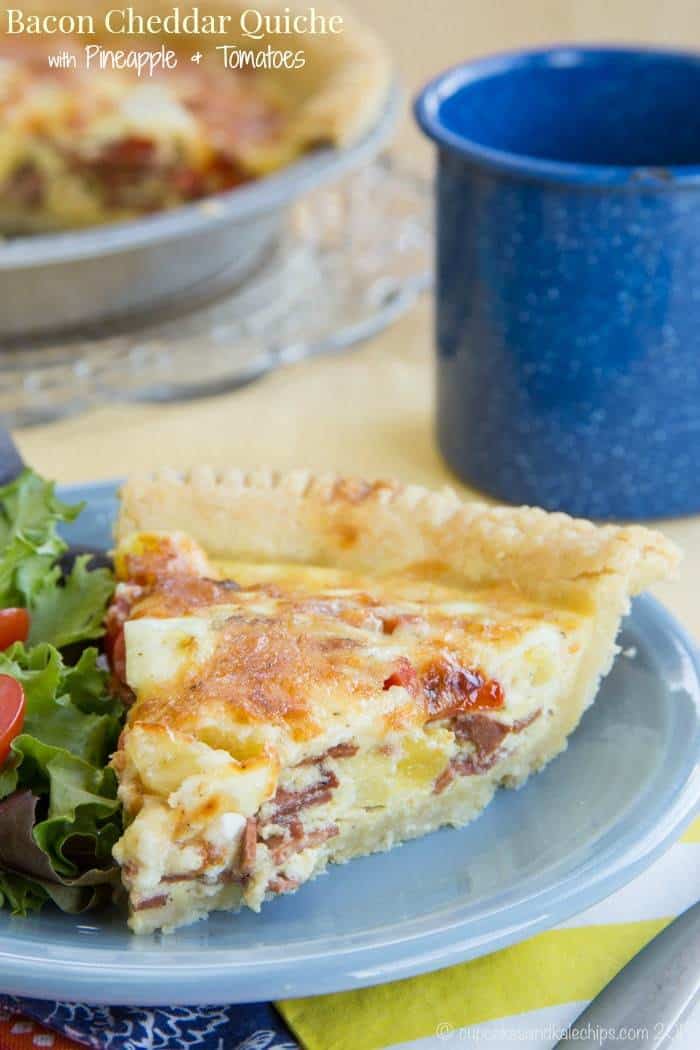 Bacon Cheddar Quiche with Tomato and Pineapple - a salty sweet breakfast or brunch recipe. My family loved this as breakfast for dinner! Use your favorite pie crust recipe, or my new favorite gluten free recipe. | cupcakesandkalechips.com