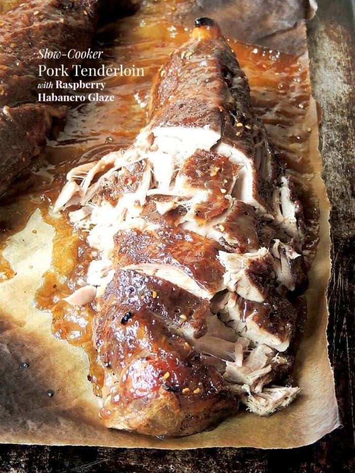 Slow Cooker Pork Tenderloin with Raspberry Habanero Glaze - moist and tender with tons of sweet and spicy flavor! | cupcakesandkalechips.com