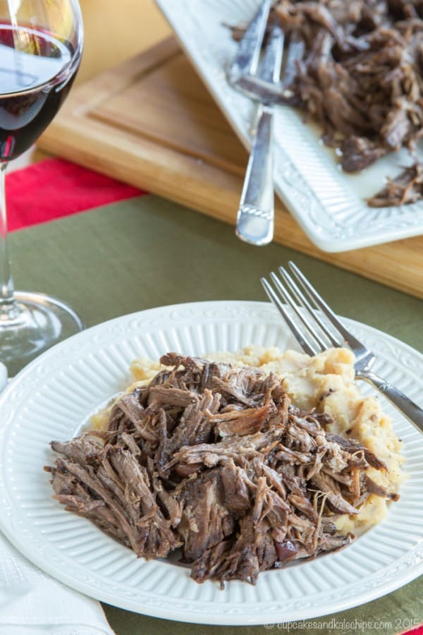 Slow Cooker Cranberry Balsamic Beef - just four ingredients in this easy slow cooker recipe for a tender, fall apart beef roast. #SundaySupper with #GalloFamily #ad | cupcakesandkalechips.com | gluten free