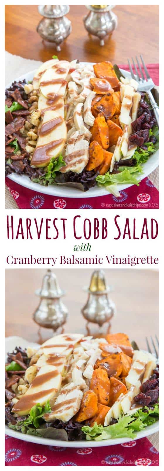 Harvest Cobb Salad with Cranberry Balsamic Vinaigrette - perfect for using up Christmas or Thanksgiving leftovers, or just make it because it's so good! #spon | cupcakesandkalechips.com | gluten free recipe