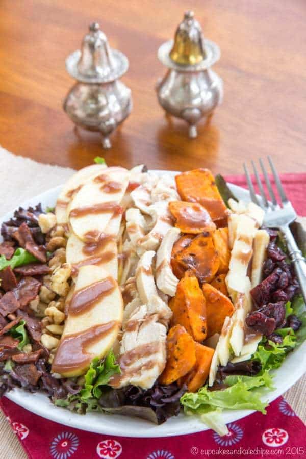 Harvest Cobb Salad with Cranberry Balsamic Vinaigrette - perfect for using up Christmas or Thanksgiving leftovers, or just make it because it's so good! #spon | cupcakesandkalechips.com | gluten free recipe