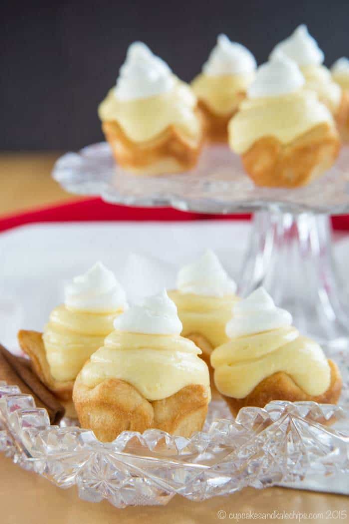 Mini Eggnog Cream Pies served on a crystal serving dish