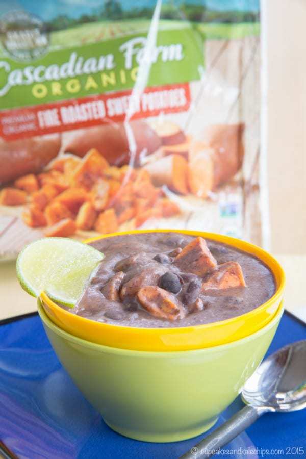 Sriracha Coconut Black Bean Soup with Sweet Potatoes is a creamy East meets West version of this spicy comfort food. Add it to your Meatless Monday menu all fall and winter long. #ad | cupcakesandkalechips.com | gluten free, vegetarian, vegan recipe