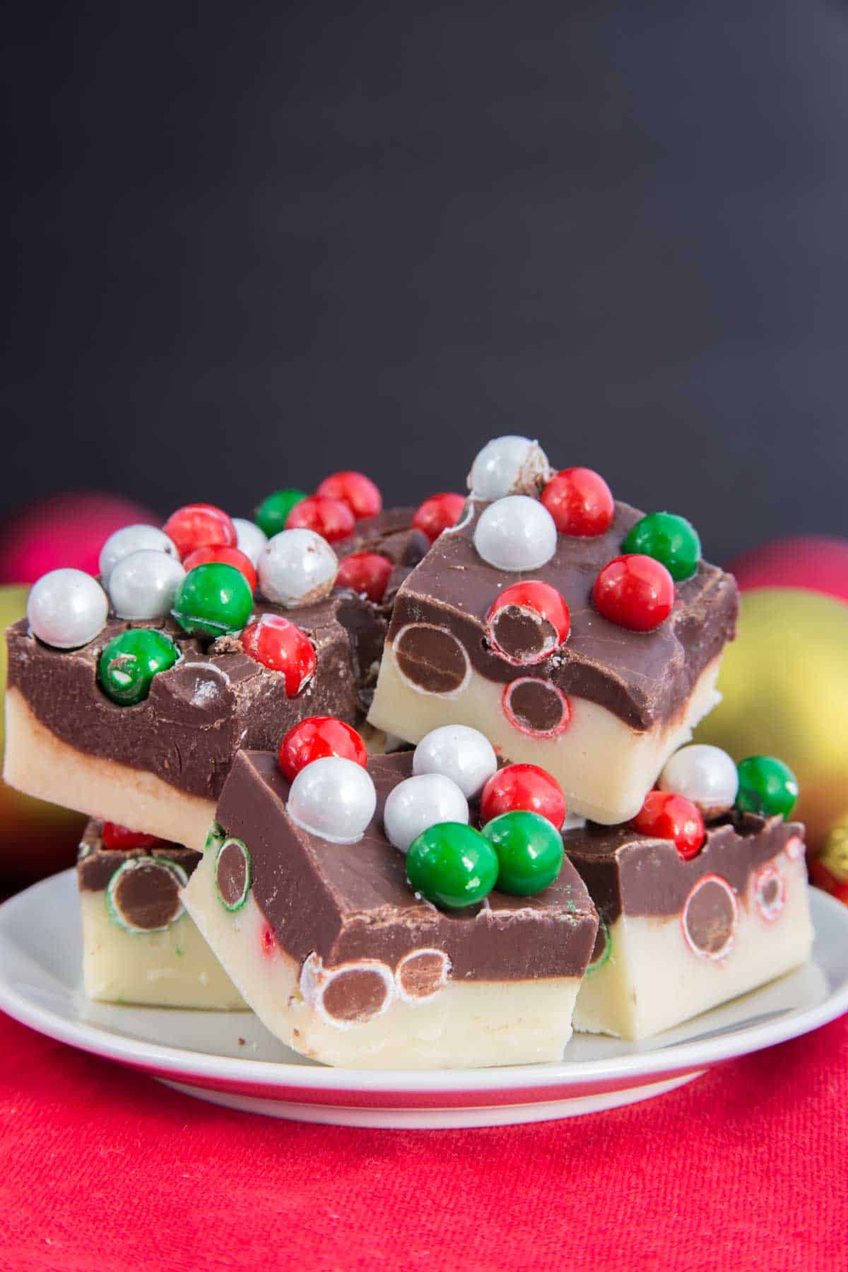 two layer fudge with Christmas sixlet candies in it