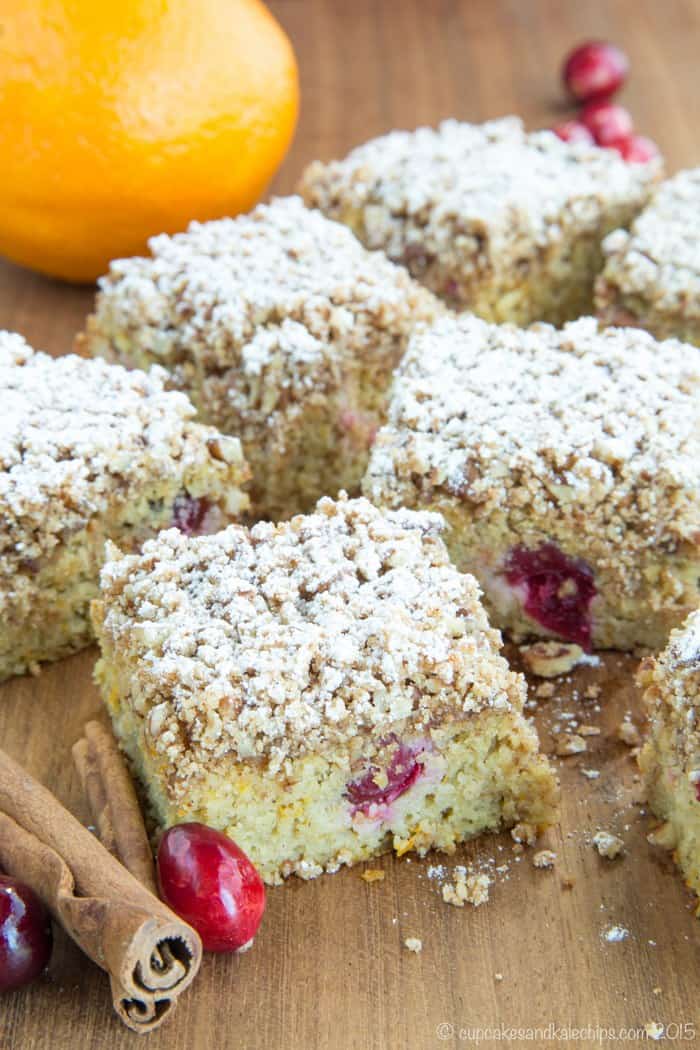 Pieces of Gluten Free Cranberry Coffee Cake dusted with powdered sugar