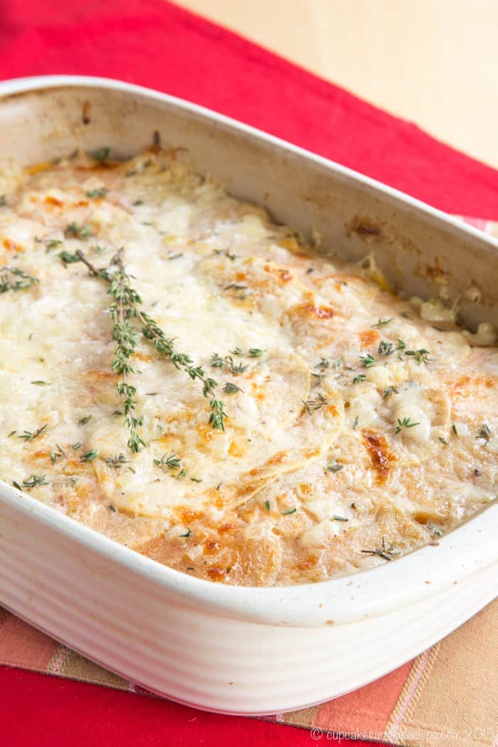 Scalloped Sweet Potatoes and Apples in a casserole dish