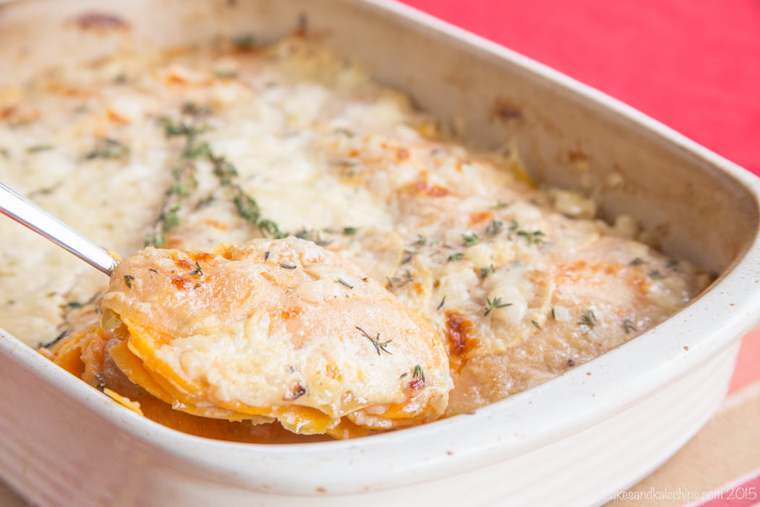 Scooping up cheesy sweet potato casserole