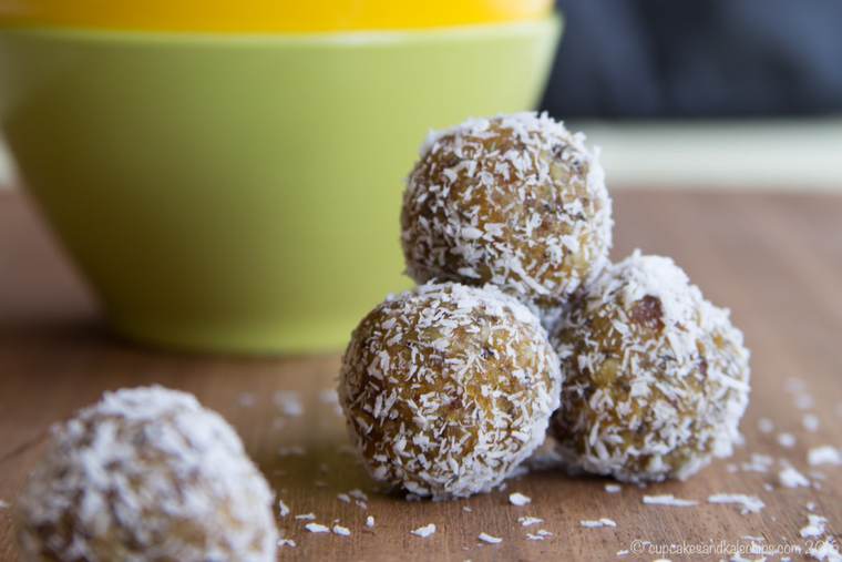 A stack of Apricot Coconut Energy Balls
