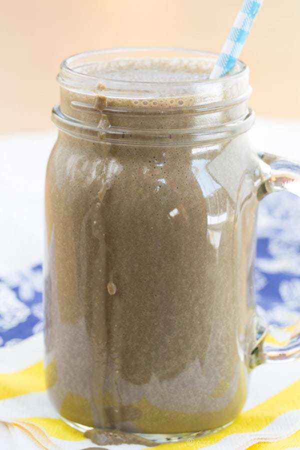 Glass mason jar filled with a Chocolate Coffee Breakfast Smoothie